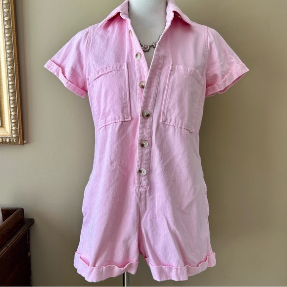 Show Me Your Mumu Pink Denim Range Romper Utility Button Front Jumpsuit Size S - Picture 4 of 15